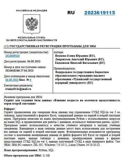 Скрипт для создания базы данных «Влияние возраста на молочную продуктивность коров второй лактации»